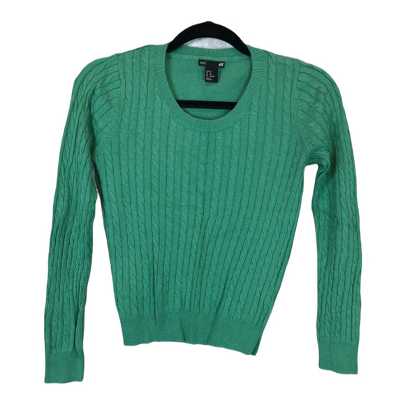 H&M Women's Green Ribbed Cable Knit Crew Neck Long Sleeve Sweater Size XS - Picture 4 of 5